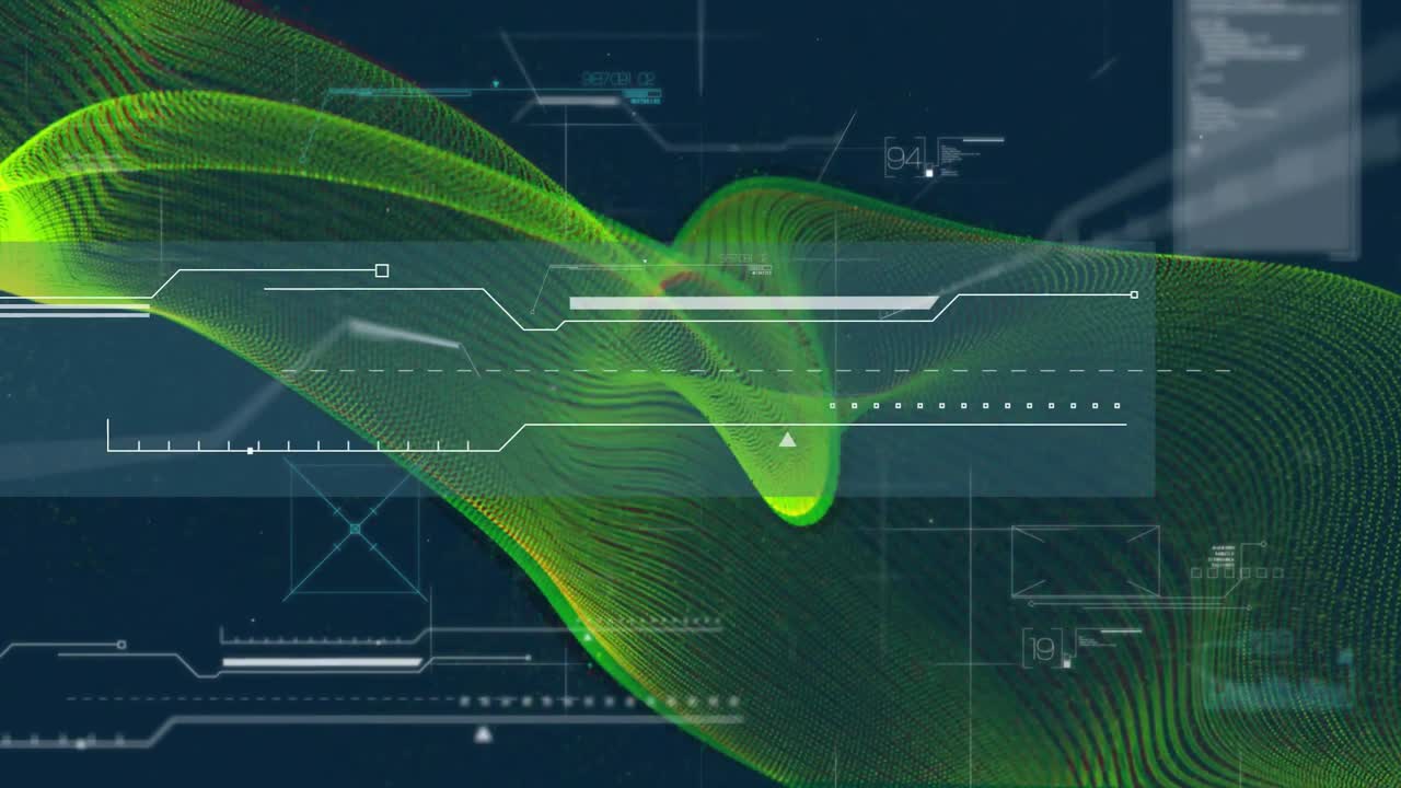 Opening interface showing green waveform mesh emerging twisting and drifting visualizing data flow
