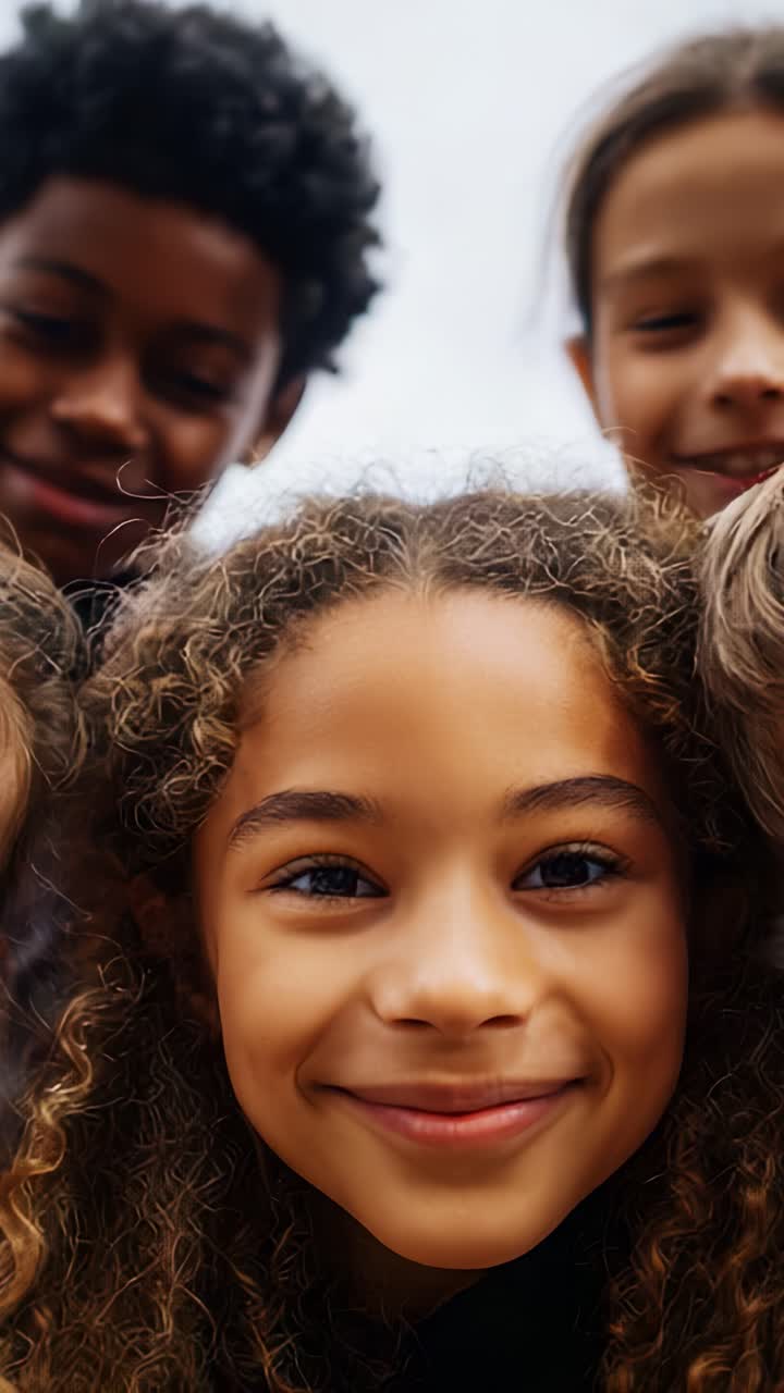 A joyful group of children smiling together, showcasing their diverse backgrounds and vibrant personalities in a playful moment captured at the park