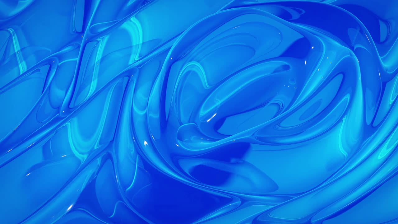 루프 추상 액체 배경: 파란 액체의 아름다운 파란색 유리 표면, 패턴, 그라디언트 색상 및 흐름 파동, 부드러운 부드러운 애니메이션으로 창의적인 밝은 bg.