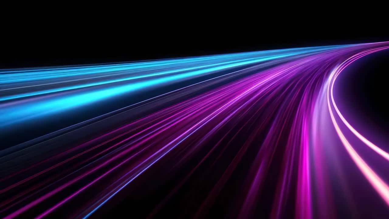 Concetto video dinamico con scie luminose vivaci viola e blu