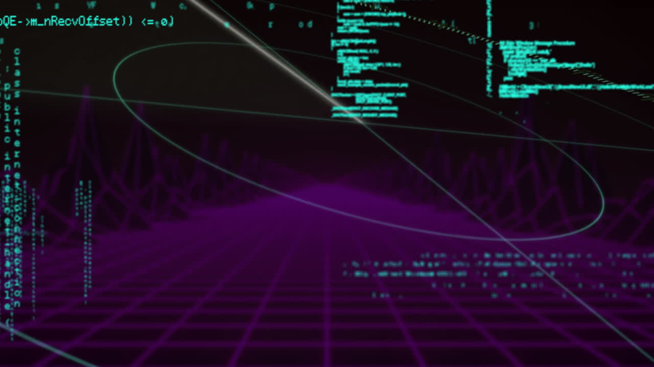 Digital code and data processing animation over purple grid landscape