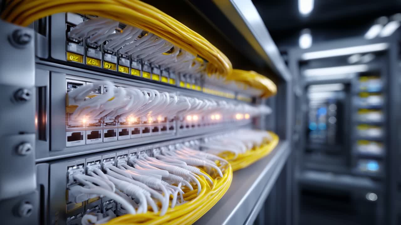 A close-up view of a modern data center network rack showcasing organized fiber optic cables and switches illuminated by subtle LED lights in a high-tech environment
