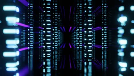 volar a través de diseños de espejo forman tecnología de túnel ciberespacio con brillo de neón. vuelo de ciencia ficción a través de la complejidad del diseño. luz de neón 3d en bucle sin costuras 4k fondo brillante.