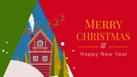 animation of christmas and new year greetings text with reindeers and santa claus in winter scenery