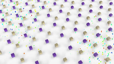 animación de coloridas formas geométricas y confeti que caen sobre un fondo blanco