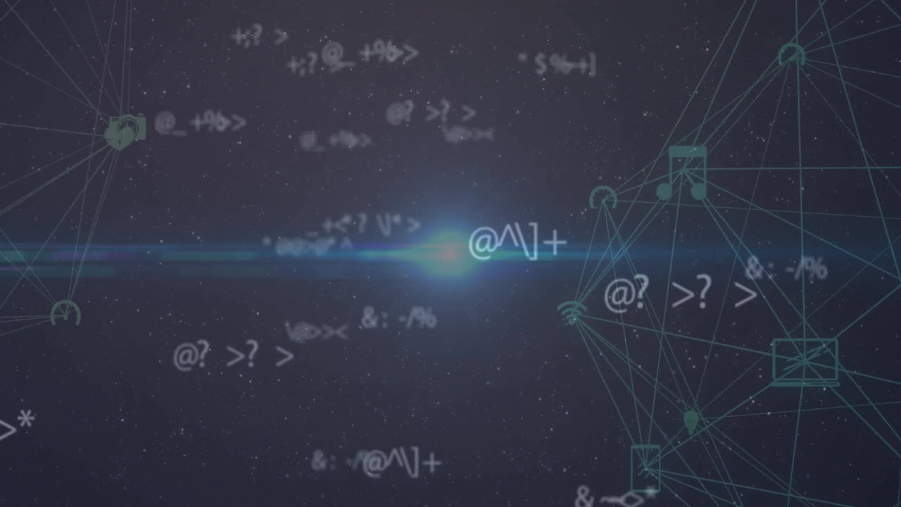 animación del procesamiento de datos a través de la red de conexiones con íconos en fondo negro