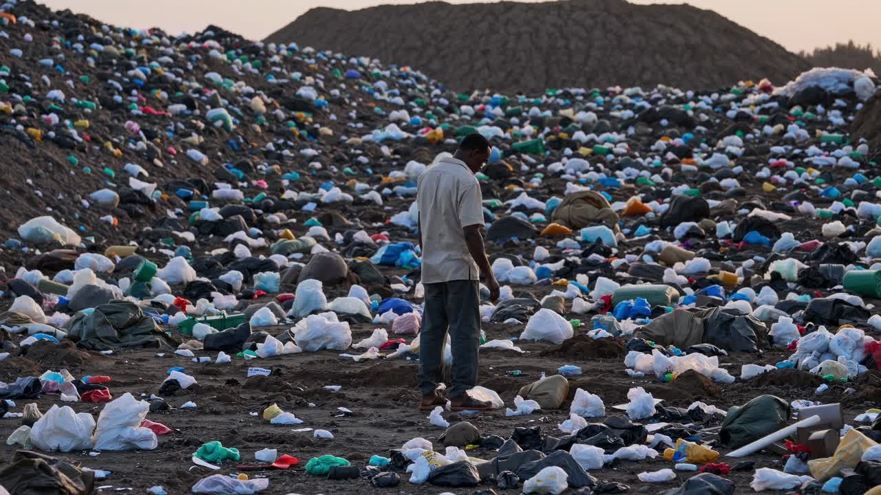 recolector de residuos vulnerable en busca de materiales reciclables en medio de un extenso paisaje de vertederos, destacando los desafíos ambientales y la desigualdad social