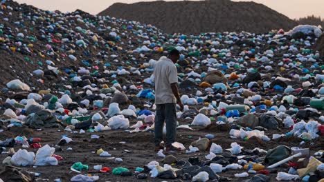 vulnerable waste picker searching for recyclable materials amid sprawling landfill landscape, highlighting environmental challenges and social inequality