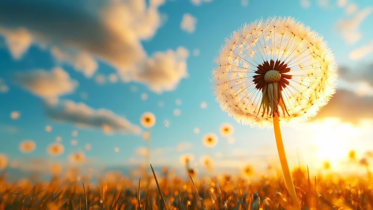 Samen treiben in der Abendsonnenbrise. Löwenzahnsamen treiben durch einen goldenen Sonnenuntergang, umgeben von einem lebendigen Blumenfeld und flauschigen Wolken darüber