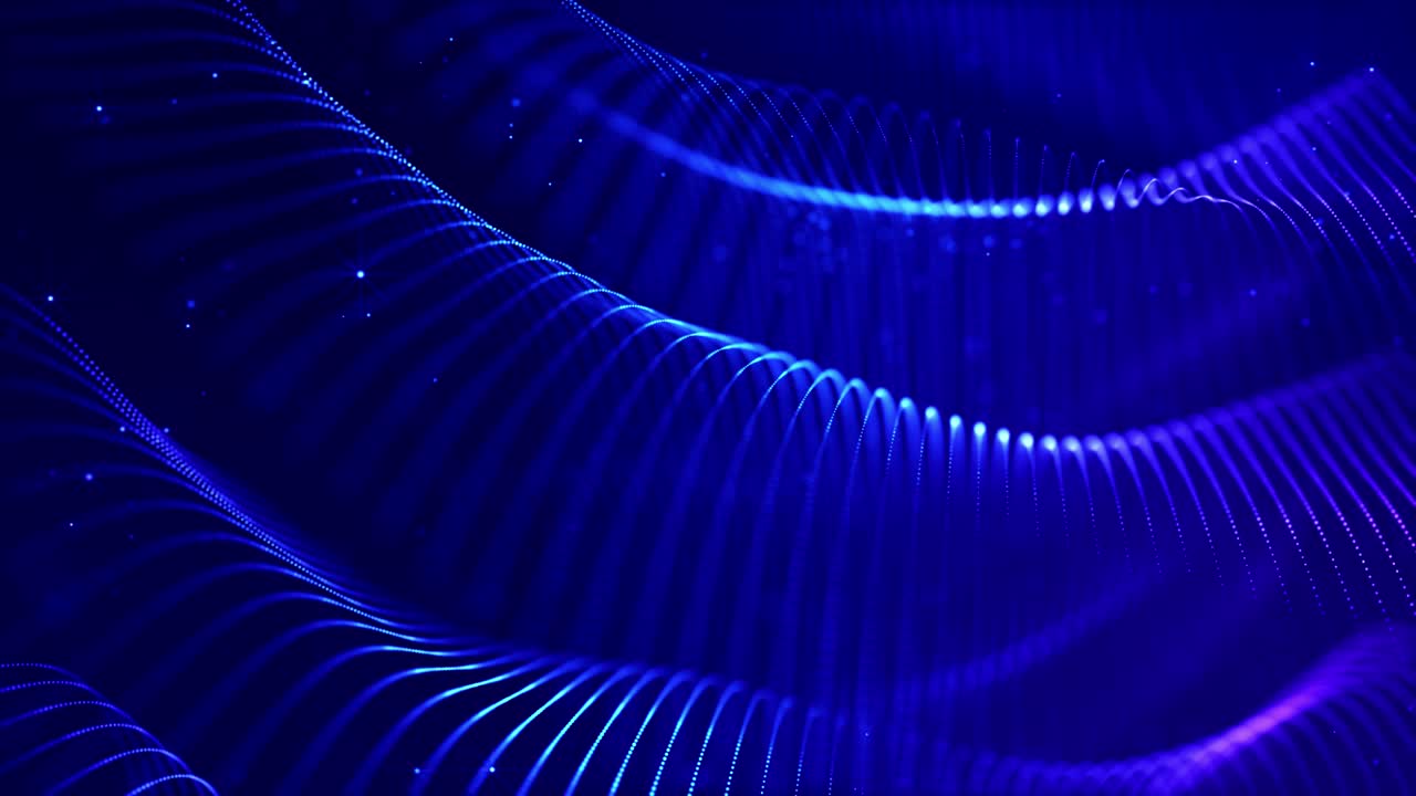 Glow blue particles form lines, surfaces, complex string structures in ...
