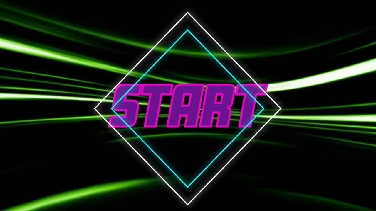 START text animation over neon diamond shape and green light streaks