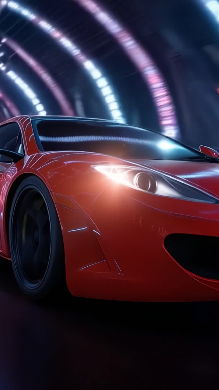 Elegante auto sportiva rossa in corsa attraverso un tunnel illuminato al neon, che mette in mostra angolazioni dinamiche e riflessi con un'estetica futuristica in movimento ad alta velocità.