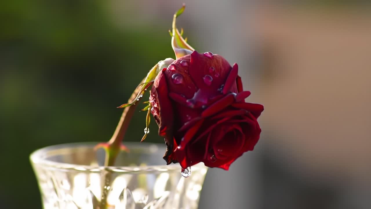 A Captivating Close-Up of a Dew-Kissed Red Rose in a Crystal Glass, Emphasizing the Beauty and Elegance of Nature's Floral Masterpiece