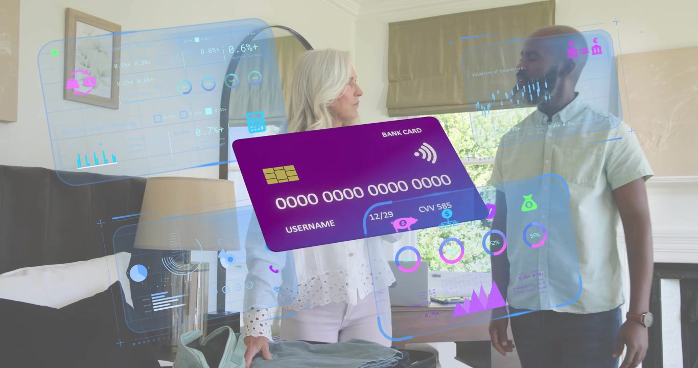 woman picking denim jacket in suitcase while man viewing AR finance interface guiding travel plans