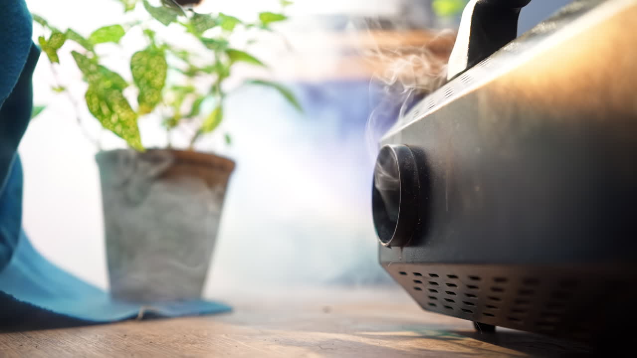 Working professional smoke machine on a movie set with colorful background. Close up of the stuff in a pavilion