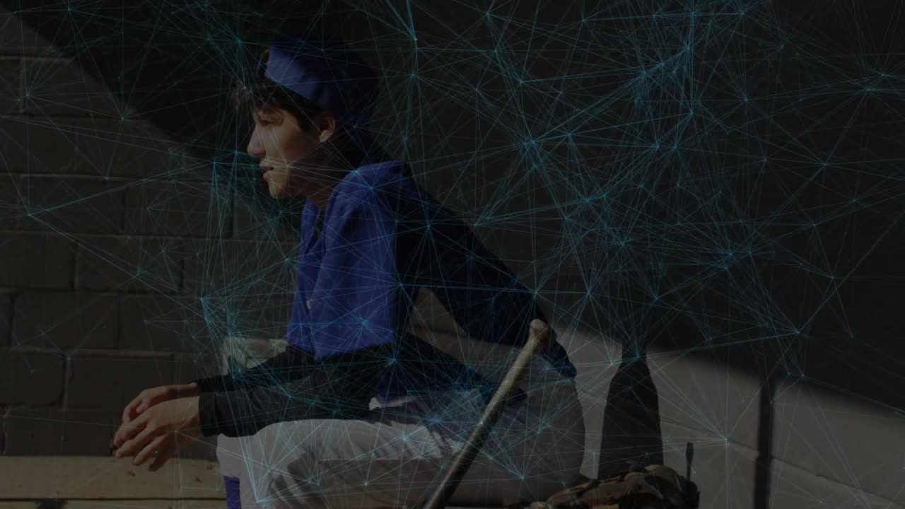 Female baseball player sitting dugout bench, holding bat, gazing left, showing tech network overlay