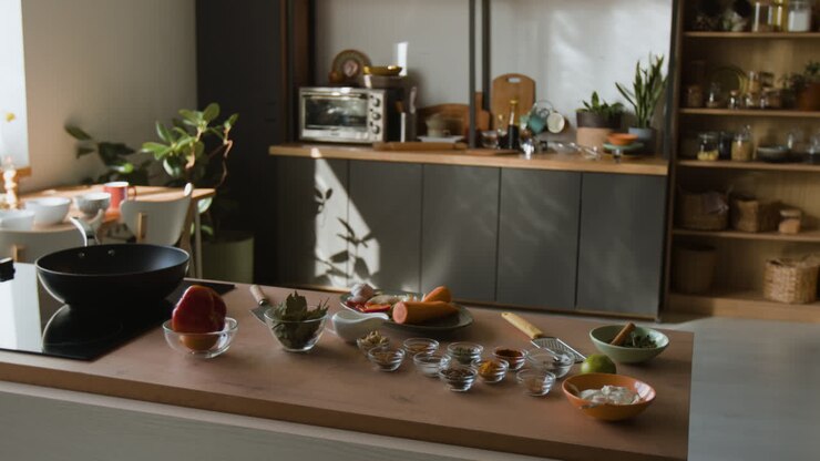 Piano di lavoro della cucina con ingredienti e spezie pronti per la cottura
