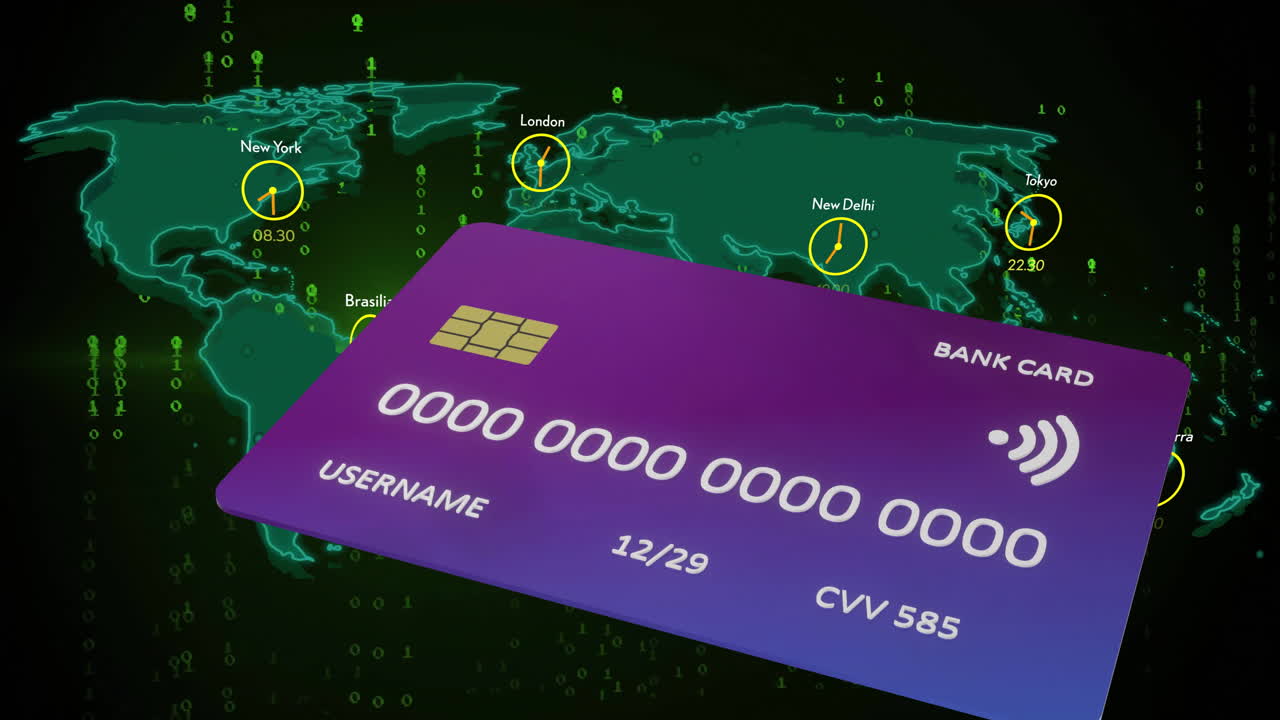 은행 카드 세부 정보는 도시와 바이너리 코드를 강조한 세계 지도 위에 애니메이션으로 표시됩니다.