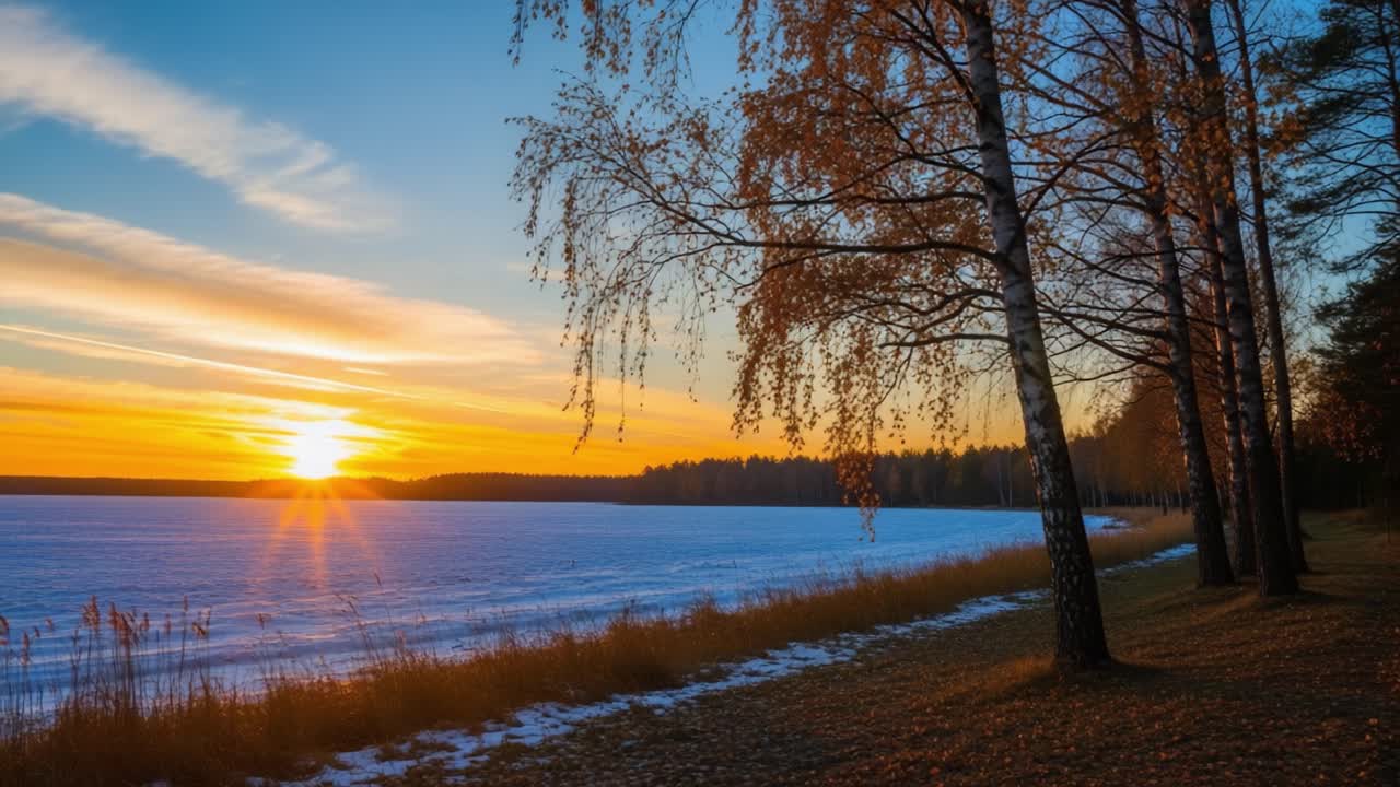 Stunning Sunset Reflection Over Frozen Lake Surrounded by Autumn Trees, Capturing the Beauty of Nature in Transitioning Seasons
