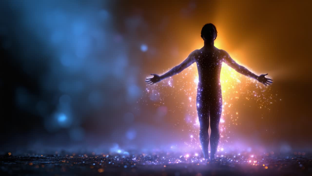 Una silueta mística emerge de partículas etéreas, que encarnan una energía cósmica, rodeada de un aura azul y naranja vibrante de luz luminiscente en una atmósfera surrealista