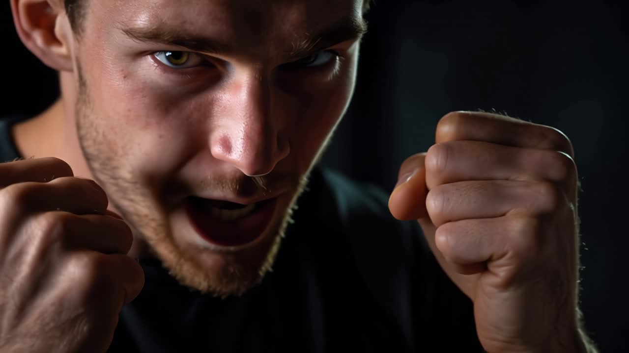 Determined Fighter Ready for Action: A Close-Up Focus on a Male Boxers Intense Expression and Clenched Fists in a Dark Setting Captures Resolve and Strength