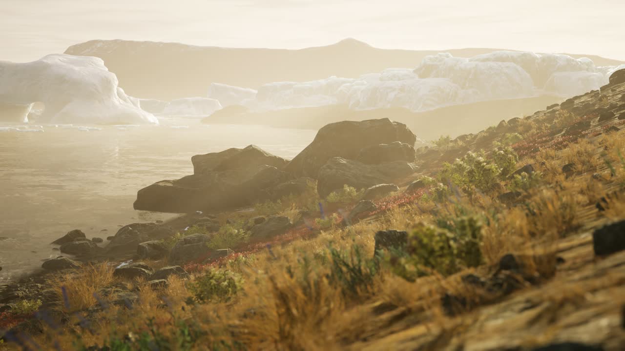 антарктические айсберги возле скалистого пляжа