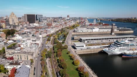 Aerial-view-of-Old-Port-in-Montreal,-canada-with-a-dolly-in-Hyperlapse