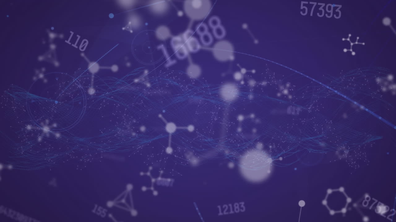 Animation of networks of connections with numbers and molecules on blue background