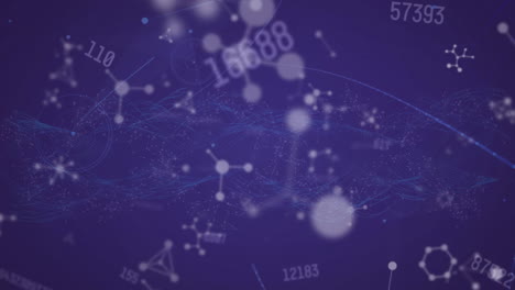 animación de redes de conexiones con números y moléculas en fondo azul