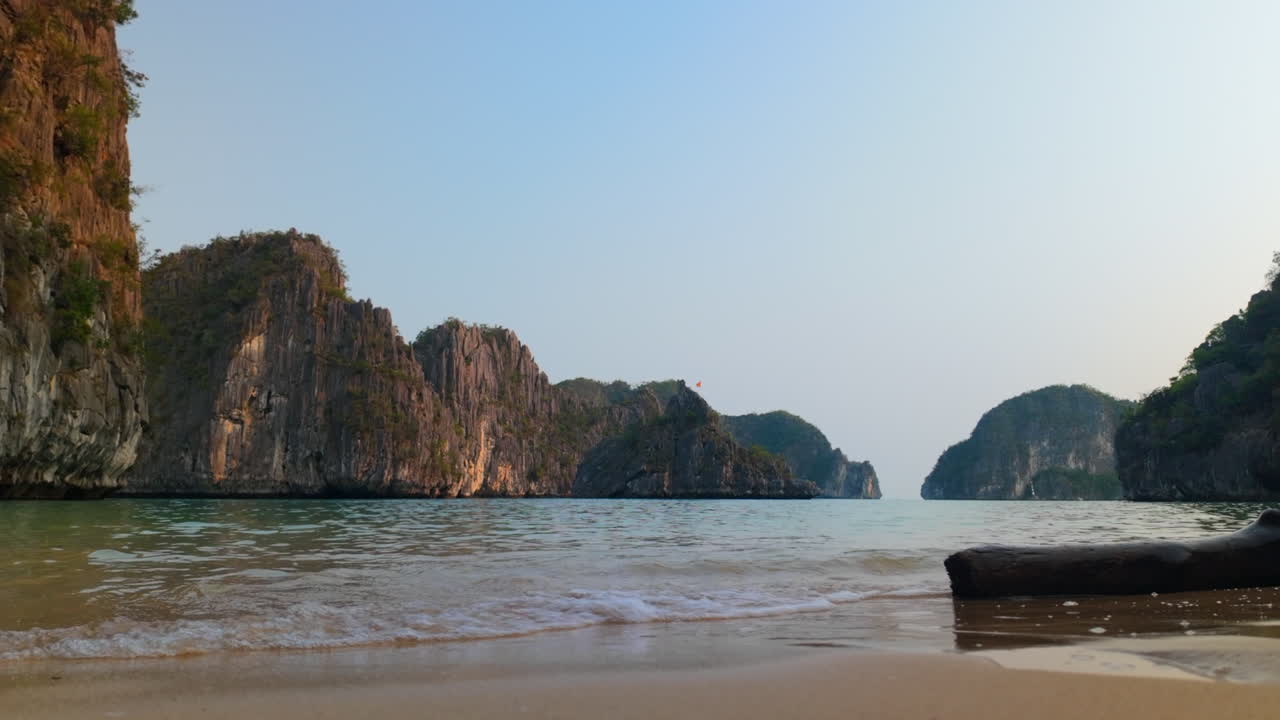 Calm Beach Of Cat Ba Island During Golden Hour Within The Halong Bay, Vietnam. Static Shot