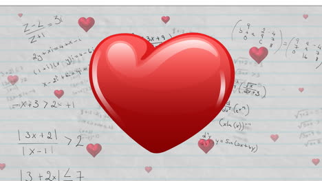 animación de iconos de corazón volando sobre ecuaciones matemáticas sobre fondo blanco