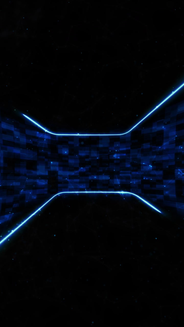 Blue digital corridor wall background with curved pixel panels glowing edge lines dark depth and