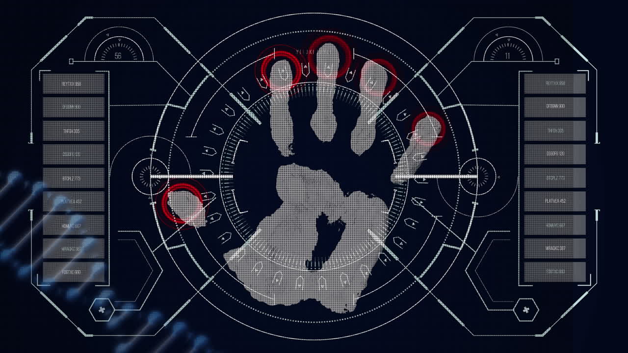 Animazione di impronta biometrica ed elaborazione dati su sfondo nero