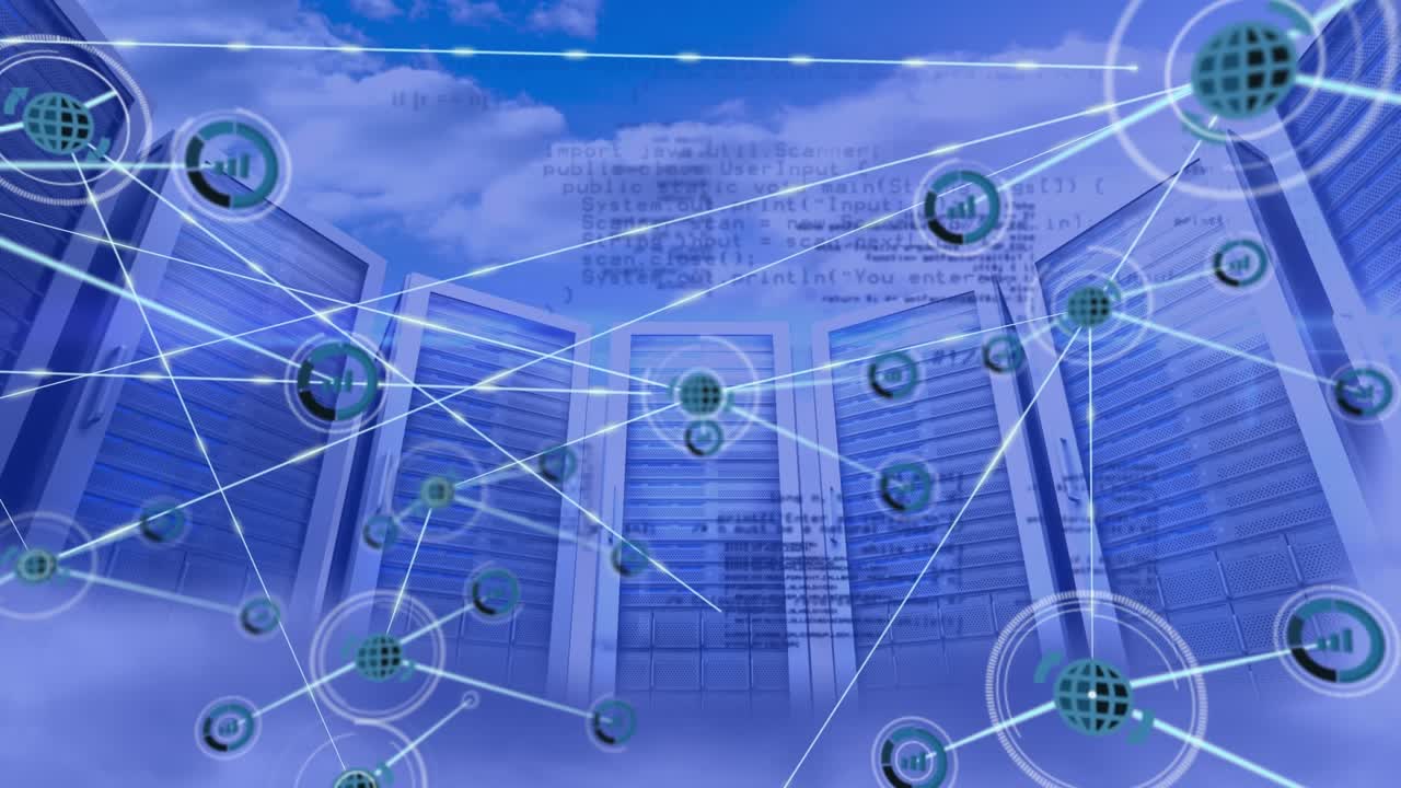 Animation of network of connections with icons and data over computer servers in clouds