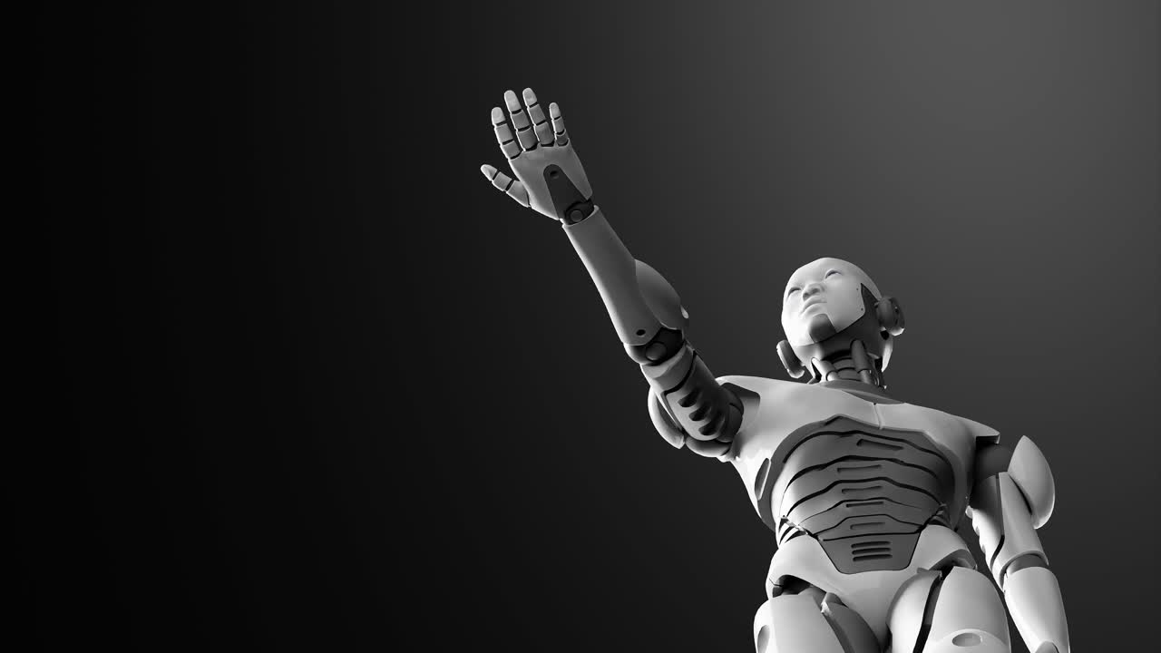 prototipo di cyborg umanoide che muove il braccio e mostra la palma della mano spazio vuoto per l'aggiunta di oggetti, sfondo nero dello spazio profondo, intelligenza artificiale concetto di scenario futuristico animazione di rendering 3d