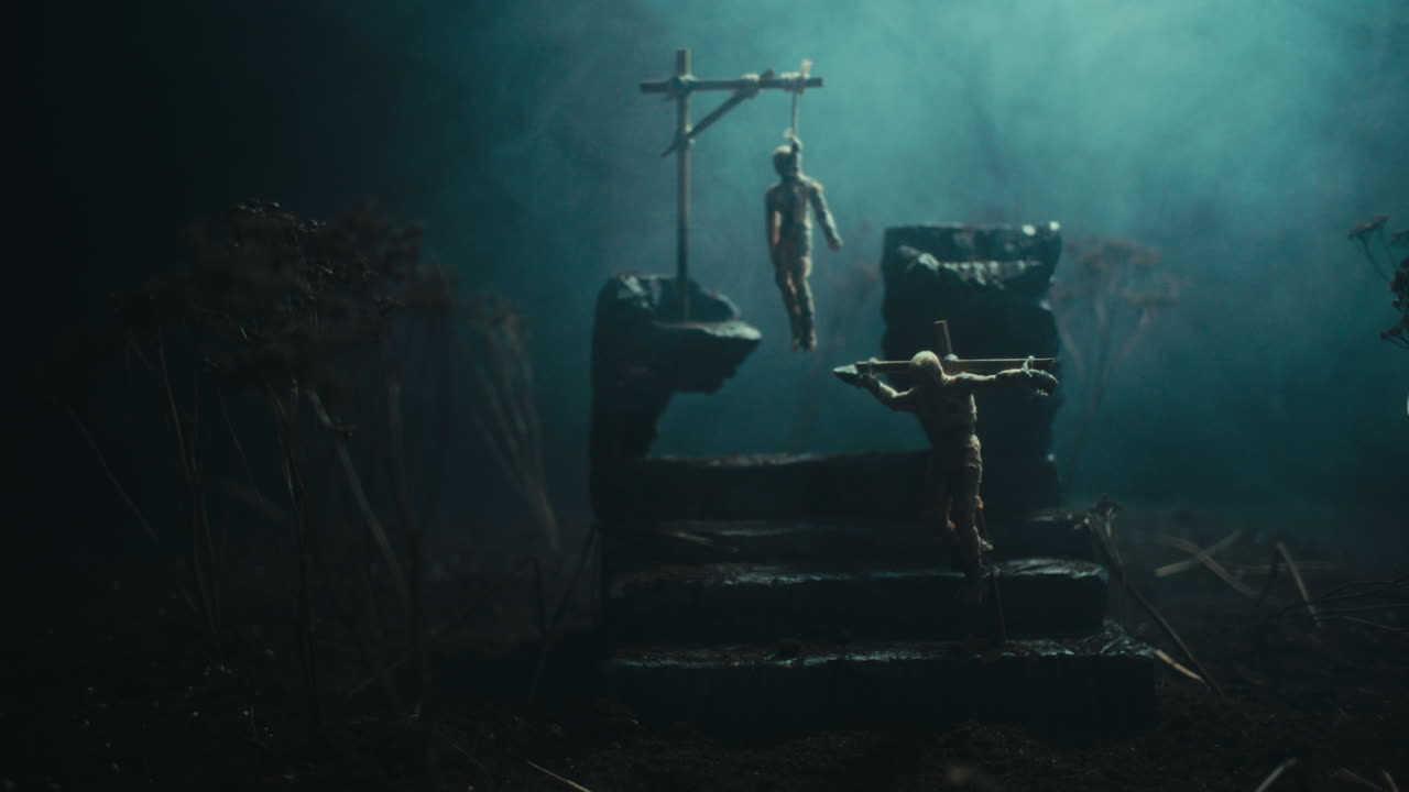 A miniature scene of the mummified dolls hanging on the gallows at night