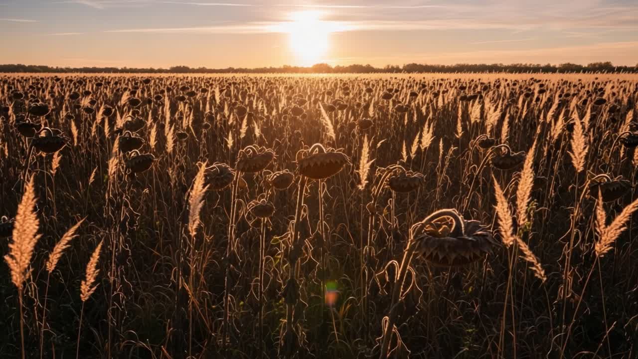 A Serene Field of Sunflowers Under a Glowing Sunset, Capturing the Essence of Nature's Beauty and Tranquility in a Vibrant Landscape