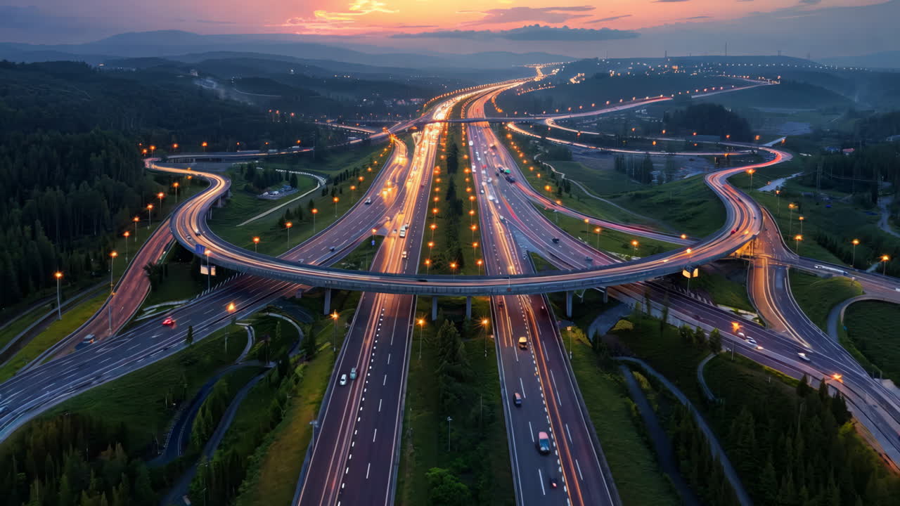 A highway with many lanes and a bridge in the middle. The bridge is lit up with lights and the sky is orange