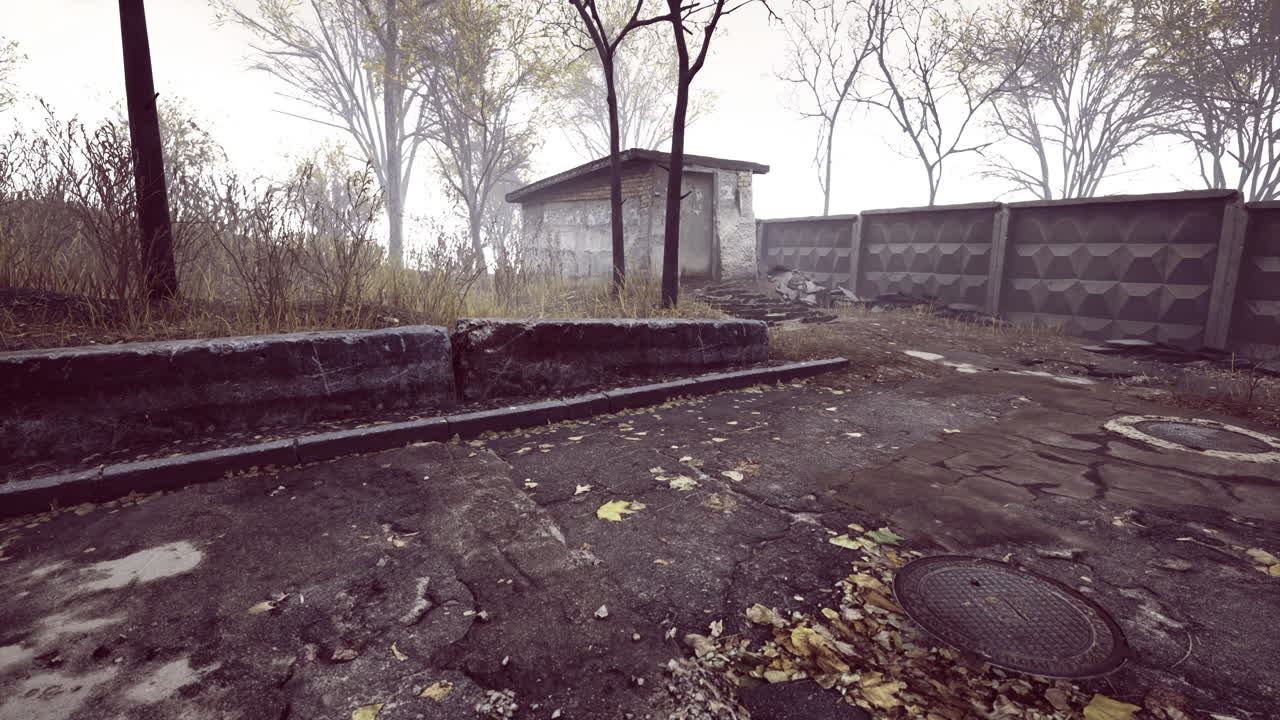 Abandoned landscape with overgrown vegetation and misty ambiance at dusk