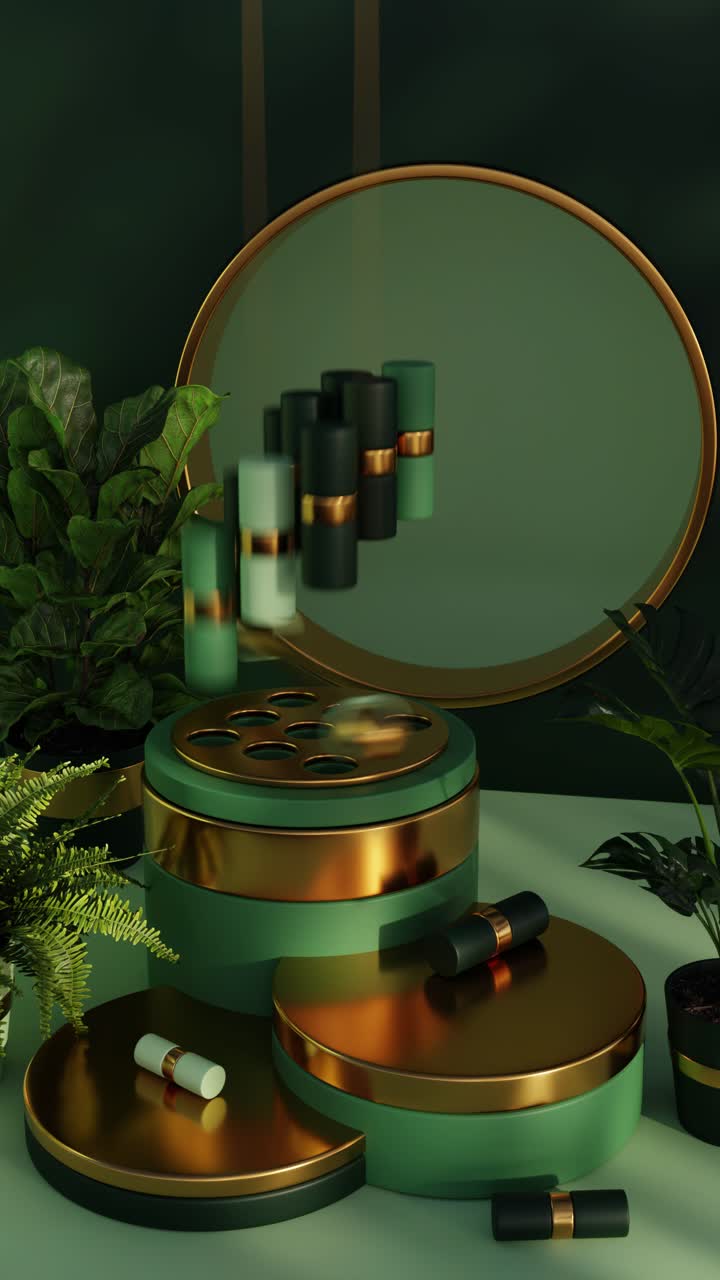 Elegant Green and Gold Cosmetic Product Display