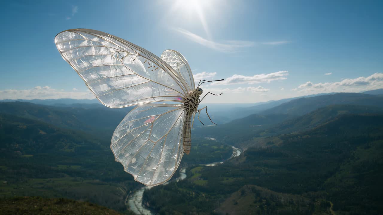 Farfalla venata che sbatte le ali, fluttuando attraverso una vallata montana con fiume tortuoso, che mostra le venature illuminate dal sole