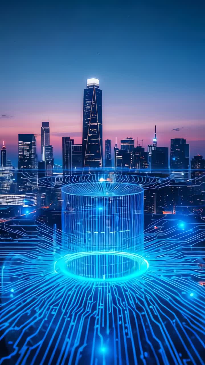 Vertical video: Emerging neon-blue rings building hologram cylinder on urban grid, powering skyline