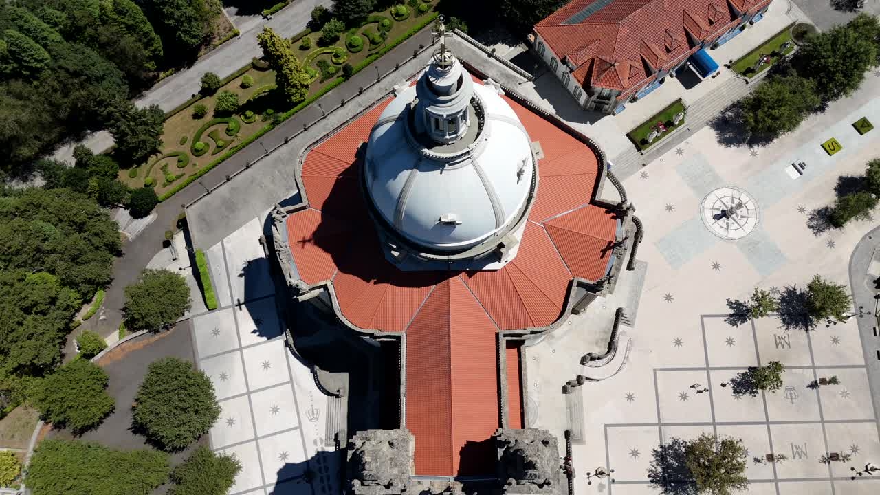 Overhead view of the Sanctuary of Sameiro's dome with surrounding greenery and plaza. Braga Portugal