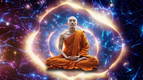 buddhist monk in meditation, cosmic energy