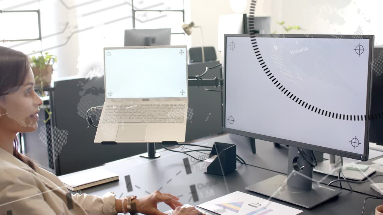 Woman following HUD appearing with gaze, typing at dual monitors, analyzing business chart