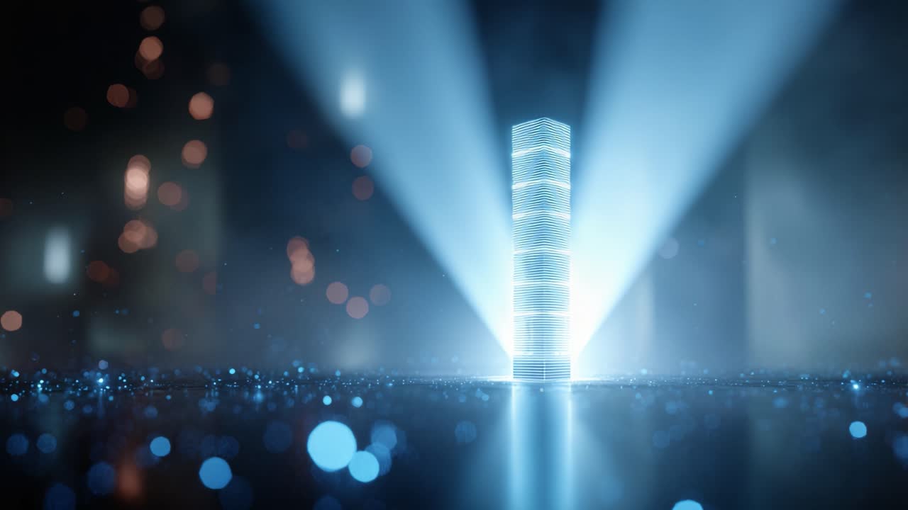 A Vertical Tower Illuminated by Mystical Lights and Particles in a Dreamlike Environment, Creating a Captivating Visual Experience of Modern Architecture and Design