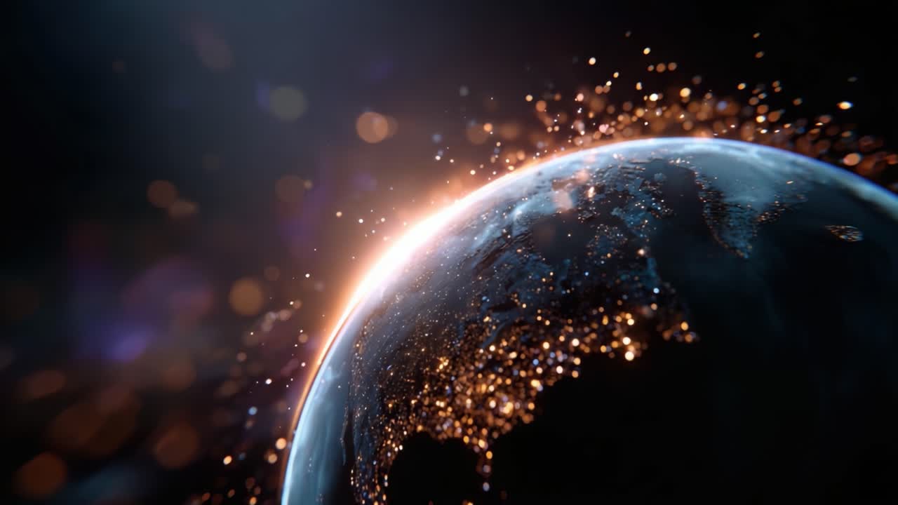 A captivating view of Earth illuminated by city lights, showcasing the planet's beauty and vibrancy against a dark cosmic backdrop filled with twinkling particles
