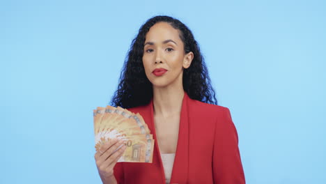 portrait, business woman and money fan