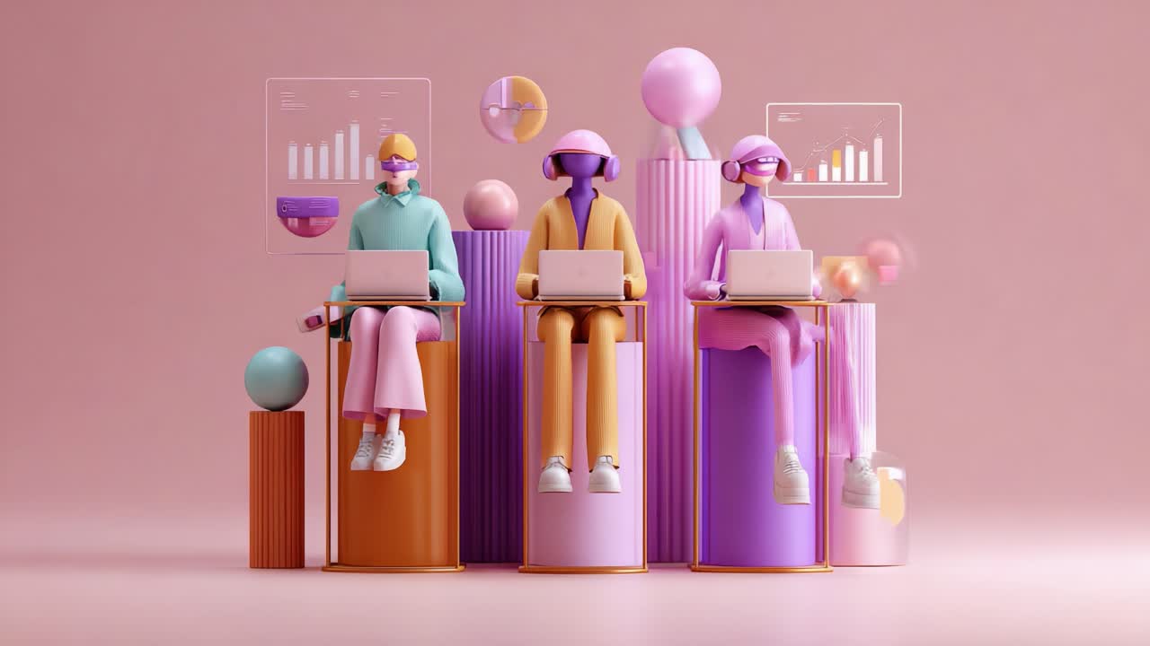 A Group of Stylized Characters Engaged in Digital Analysis, Representing Modern Work Culture with Laptops and Colorful, Abstract Design Elements in a Trendy Workspace Environment
