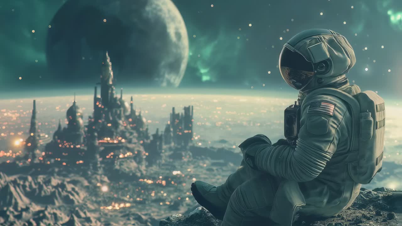 Lone astronaut standing on rocky mountain peak, gazing at luminous futuristic city beneath vibrant aurora borealis on newly discovered exoplanet's dramatic alien landscape